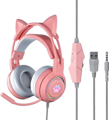 Produktbild von Gaming-Headset, USB + 3,5 Mm Abnehmbarer Cat-Ear-Kopfhörer mit Noise-Cancelling-Mikrofon, Gaming-Kopfhörer für PS4, Xbox One, PC, Mobiltelefon(Rosa)