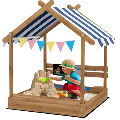 Produktbild von Sandkasten mit Sonnenschutz, Spielhaus-Design, mit Spielzeug-Set, behandeltes Massivholz, 124 x 116 x 146 cm, Braun