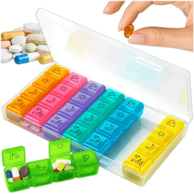 Produktbild von KRUMAD Tablettenbox 7 Tage mit 4 Fächern pro Tag, Medikamentenbox für morgens mittags abends, Pillendose Organizer für Medikamente und Vitamine, KI-generiertes Bild