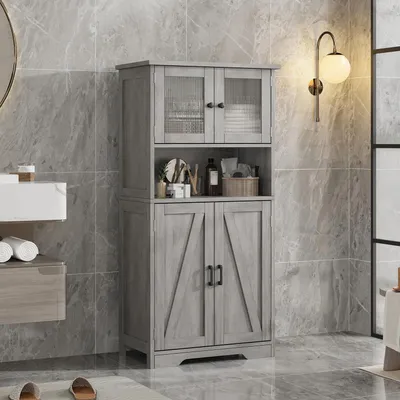 Produktbild von Modernes Landhaus Hochschrank - Freistehender Holz Vorratsschrank mit Glastüren - Verstellbare Einlegeböden - 128 cm - Grau