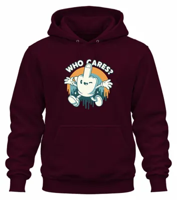 Productafbeelding van "Who Cares" - Cartoon met middelvinger, brutaal, retro, vintage, jaren '90, skater stijl, uni hoodie, sweatshirt, bordeauxrood, maat XL