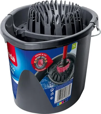 A dark gray mop bucket with a wringing mechanism and a mop head inside.