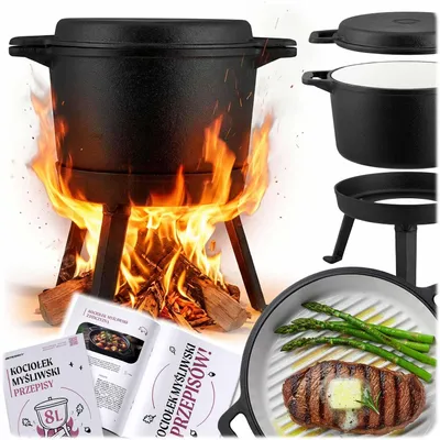 Zdjęcie produktu dla KOCIOŁEK ŻELIWNY EMALIOWANY GARNEK 8L stojący + PATELNIA GRILL + PRZEPISY