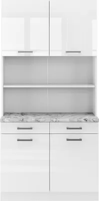 A white buffet cabinet with a marble countertop and silver handles, shown against a white background.