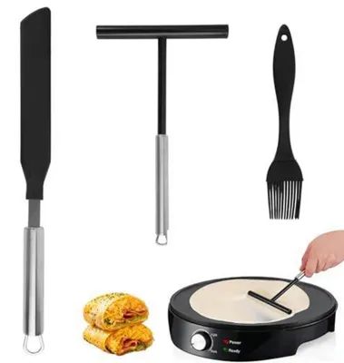 Produktbild von Crepes Verteiler Set 3 Stück T-Form Wender Spatel Kochpinsel Silikon Edelstahl