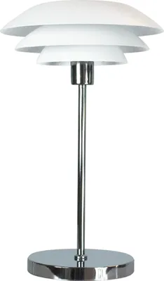 A white and chrome table lamp with a tiered shade.