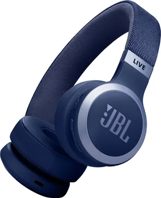 A pair of blue JBL Live 670 NC wireless on-ear headphones with noise-cancelling.