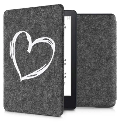 Produktbild von kwmobile Hülle kompatibel mit Amazon Kindle Paperwhite 11. Generation 2021 - Filz Stoff eReader Schutzhülle Cover Case - Herz Brush Weiß Dunkelgrau