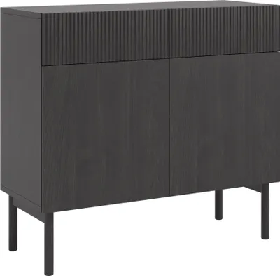 A dark wood sideboard with two doors and two drawers, shown against a white background.