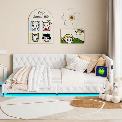 Immagine prodotto di Letto imbottito 140x200 con LED e connessione USB type-c, struttura letto con rete a doghe, letto da giorno divano letto in tessuto vellutato divano letto per ospiti letto per ragazzi
