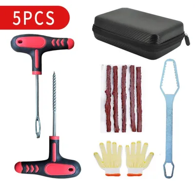 Imagen del producto de INF Kit de Tapones para Neumáticos 5 Piezas - Caja ABS Roja con Brocas de Acero Templado Grado 45 y Llave Autoajustable para Reparación de Neumáticos Sin Cámara