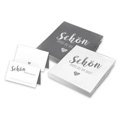 Produktbild von itenga 40x Servietten mit 48x Tischkarten Set - Schön dass du da bist - Taubengrau Weiß Mix