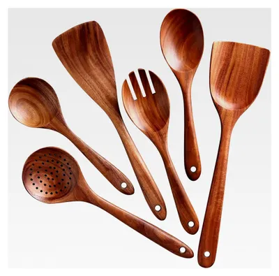 Produktbild von Kochbesteck-Set aus Holz, Küchenutensilien-Set aus 100% natürlichem Teakholz, antihaftbeschichtete Kochlöffel, Kochlöffel und Pfannenwender, Salatgabel, 6-teilig