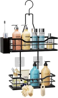 Productafbeelding van Unyqoos® Draaibare doucheorganizer met 360° draaikoppen, roestvrijstalen manden en 4 verstelbare haken – boorvrije montage voor douchestang en glazen douchedeur