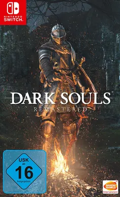 The cover art for the Nintendo Switch game Dark Souls: Remastered, featuring a knight in armor standing near a campfire.