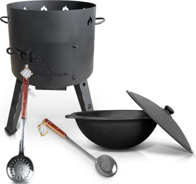 Produktbild von Feuerofen - KasanoFF, Kessel Kazan 16 Liter, Ø 44 cm + Gusseisenkessel, runder Boden, WOK Ø 46,5 cm, 16 l + Schaumlöffel: 2 Stk.