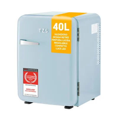 Immagine prodotto di TZS First Austria - Mini frigo retrò da 40 L silenzioso - Minibar dal design vintage con illuminazione interna e 2 scomparti nella porta - Blu