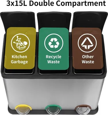 Produktbild von Mülltrennsystem Küche - Treteimer mit 3 Fächern - 3x15L (45L) - Edelstahl - Kunststoffeinsätze - Geruchsdicht - Inneneimer
