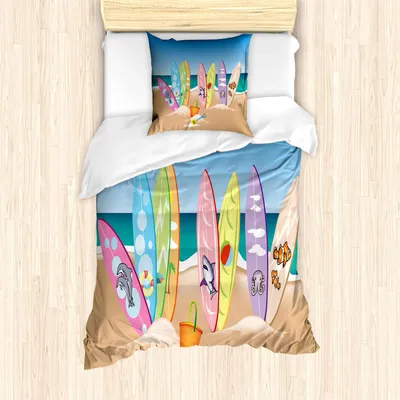 Produktbild von ABAKUHAUS Ozean Bettbezug Set, Eine Illustrations-Sammlung Surfbretter auf dem Sandy Beach der Himmel und der Seedruck, 135 x 200 cm + 80 x 80 cm, Mehrfarbig