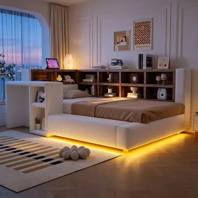 Produktbild von STILVORA Polsterbett 90x200 cm mit mehrstufigem Stauraum, Einzelbett mit LED-Beleuchtung und Steckdosen im Kopfteil, Bett mit Beistelltisch und gepolsterter Rückenlehne