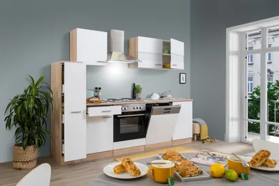 Produktbild von Küche Küchenzeile Küchenblock Einbauküche Eiche Weiß Merle 250 cm Respekta