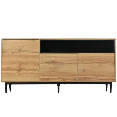 Produktbild von Flieks Sideboard Anrichte, Schrank im Landhausstil, Aufbewahrungsschrank für Esszimmer, Küche, Wohnzimmer, Flur, Naturbelassen + Schwarz