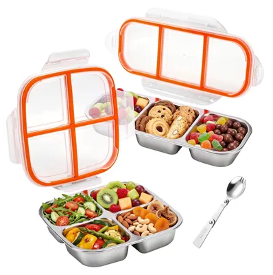 2er Set Edelstahl-Snackboxen, 600 ml, mit 3 und 4 Fächern, auslaufsicher