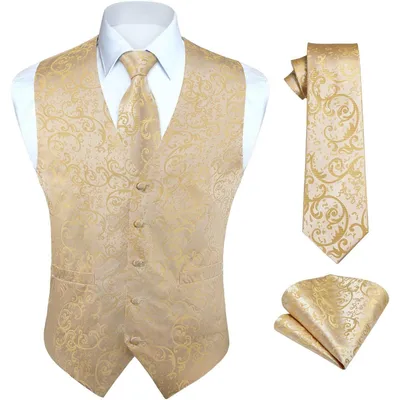 Productafbeelding van Herenset: champagnekleurige jacquard vest, stropdas en zakdoek