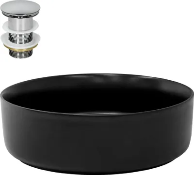 Produktbild von LuxeBath Waschbecken Aufsatzwaschbecken Rund, Ø 36x12 cm, Schwarz, aus Keramik, inkl. Ablaufgarnitur ohne Überlauf