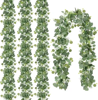 Produktbild von Künstliche Eukalyptusblattgirlande, 1,8 Meter lang, hängender Efeu mit weißen Blüten – 4 grüne Ranken für Hochzeitsbogen-Hintergrund, Tischdekoration, Innen-/Außendekoration