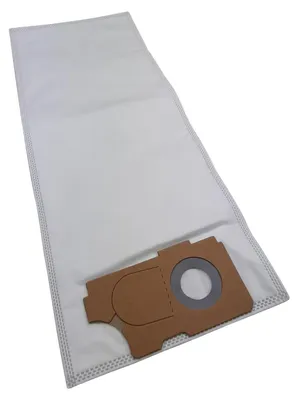 A vacuum cleaner bag is laid out against a white background, showing its cardboard attachment point with a circular opening.