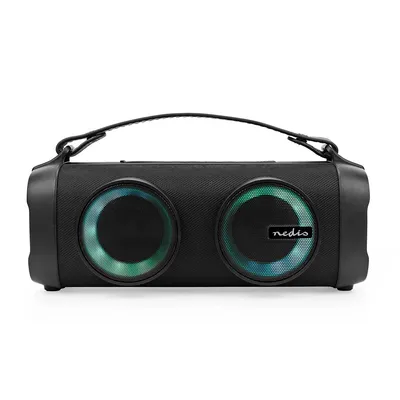 A black Bluetooth speaker with colorful LED lights on a white background.