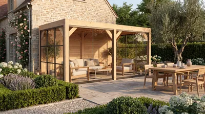 Produktbild von weka Gartenlaube Lumley, 499x307 cm, 2xWand, 2xGlaselement, 2xSchiebetür, Naturbelassen