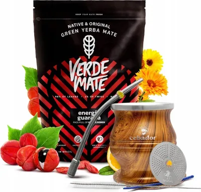 Produktbild von Verde Mate - Mate Tee Set Guarana 500g - Mate Becher TermoColador Holz-Optik 350ml - Dicke Blätter 5mm - Starker Wachmacher - Mit Sieb, Bombilla