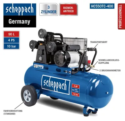 Produktbild von Scheppach Profi Kompressor HC550TC 400V 3 Zylinder 10bar 90l mit Riemenantrieb