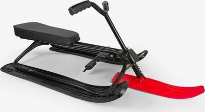 A snow racer sled with a black seat and frame, and a red front ski, shown against a white background.