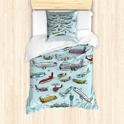 Produktbild von ABAKUHAUS Flugzeug Mantele, Flugzeuge Hubschrauber, Milbensicher Allergiker geeignet mit Kissenbezügen, 135 cm x 200 cm - 80 x 80 cm, Mehrfarbig