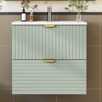 Image de Armoire de salle de bain vert menthe - 2 tiroirs silencieux - 61x46x57 cm - MDF - Avec vasque en céramique