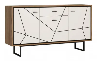 Produktbild von Kommode Brolo mit 3 Türen, 1 Schublade, auf Kufen, Weiß Hochglanz, 90,3x167x40 cm