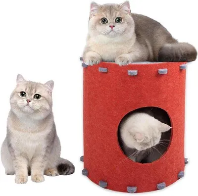 Obrázok produktu pre Dvojposchodový domček pre mačky z flisu – 42 x 41 x 41 cm – domček pre mačky – na hranie, spanie, schovávanie sa a vybiehanie sa.