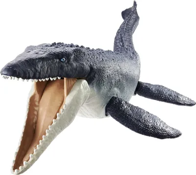 A toy dinosaur with its mouth open, shown from the front.