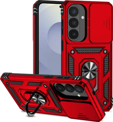 Immagine prodotto di Custodia per Samsung Galaxy S26+ custodia a doppio strato con copertura scorrevole per fotocamera e supporto ad anello rosso