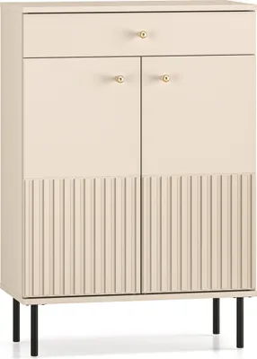 A front view of a cream-colored cabinet with fluted doors and a single drawer on top. The cabinet stands on four black metal legs.
