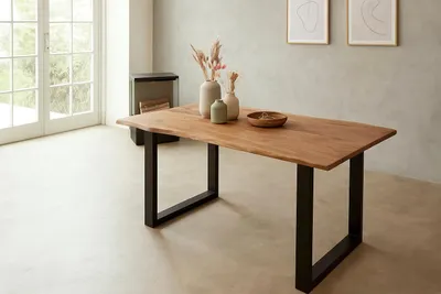 Produktbild von Esstisch Baumkante 200 x 100 cm massiv Akazie natur U-Gestell schwarz QUINTUS