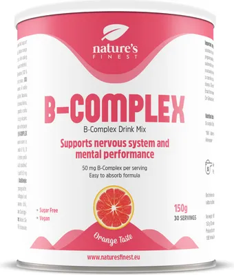 Produktbild von Nature's Finest Vitamin B-Komplex Pulver – Mit allen 8 B-Vitaminen – für Energie, Nerven und Immunsystem – Orange Geschmack – 150 g