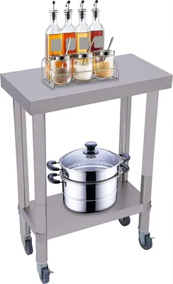 Image de Table de travail en acier inoxydable Table de découpe 60*45*85 cm Table de préparation à 2 niveaux avec roulettes pour restaurant