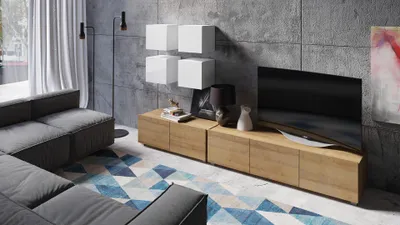 Produktbild von Wohnwand CALABRINI-18 Wohnzimmer-Set Hängewohnwand Schrankwand Schrank TV-Schrank Moderne Anbauwand Hochglanz (Weiß + Eiche Gold)