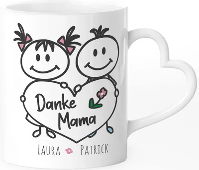Produktbild von Tasse Herzhenkel Danke Geschenk für Mama personalisierbar mit Namen der Kinder Muttertag SpecialMe® mit Namen weiß Herz-Tasse