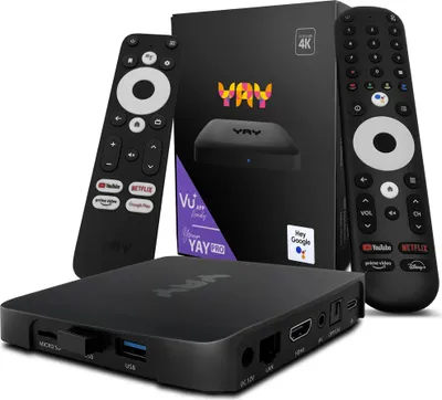 A VU+ YAY GO PRO Android TV 4K UHD Streaming Box with its accessories and packaging.