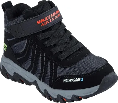 A single black and gray high-top sneaker for children, designed for outdoor adventures.